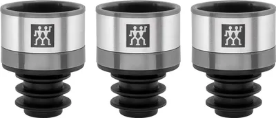 Three ZWILLING wine stoppers are displayed side-by-side against a white background.