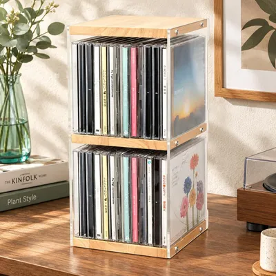 Productafbeelding van Houten cd-rek met 2 niveaus voor vinyl en albums, cd-opslag met open design
