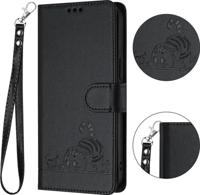 A black leather flip case for a Ulefone Note 18 Ultra phone, featuring a cute cat design and a wrist strap.