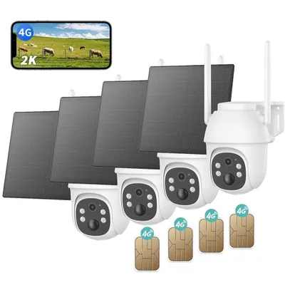 Produktbild von 4 Stück 4G LTE Überwachungskamera Aussen Solar mit SIM Karte 2K HD 3MP PTZ Kabellos Kamera Ohne WLAN Outdoor Akku Farb/IR Nachtsicht PIR Erkennung