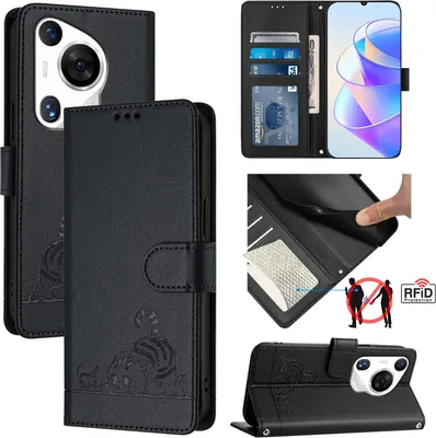 Produktbild von Leder Hülle für Huawei Pura 70 Pro Süße Katze Flip Case Brieftasche Schutzhülle mit Standfunktion Schwarz