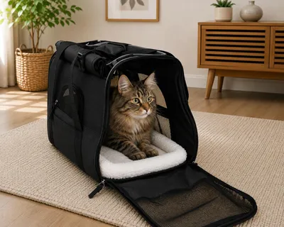 Produktbild von belviona Katzentragetasche, Transporttasche mit Netzfenstern, herausnehmbarem Liegekissen & Schultergurt, bis 10 kg, schwarz, KI-generiertes Bild