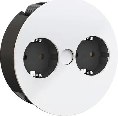 A close-up, studio shot of a white and black Bachmann Twist power outlet with two sockets.