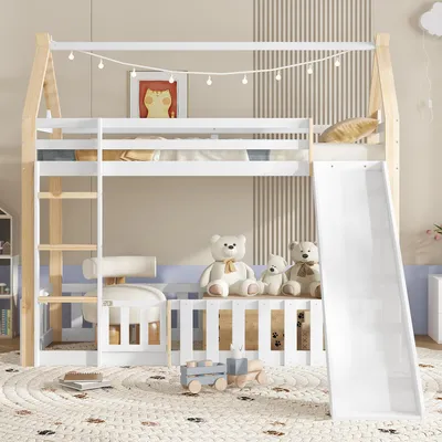 A child's loft bed with a slide, decorated with string lights and teddy bears.