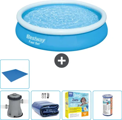 Immagine prodotto di Piscina gonfiabile rotonda Bestway Fast-Set - 366 x 76 cm - blu - pompa inclusa - tenda da sole - pacchetto manutenzione - filtro - telo di protezione