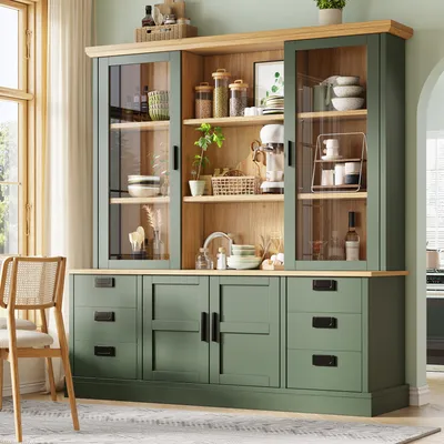 Immagine prodotto di MODFU, mobile alto da 185 cm, armadio per la cucina con vetrina, mobile contenitore con 6 cassetti e doppia porta, credenza verde scuro con spazio contenitivo