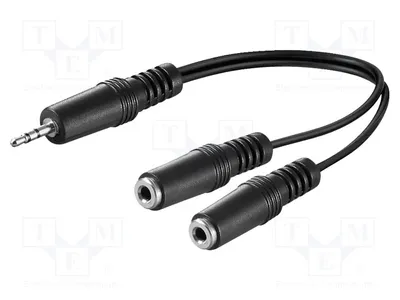 Image de 1 câble avec connecteur Jack 3,5 mm, 3 pôles (fiche), connecteur stéréo 3,5 mm, 2 pôles, et 2 prises. Adapté pour audio et vidéo