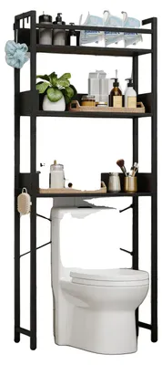 Imagen del producto de Estante de almacenamiento para colocar sobre el inodoro, con dimensiones de 162 cm de alto x 73 cm de ancho x 30 cm de profundidad, tres niveles, de pie independiente y diseño de cestas abiertas. Ideal para baños y residencias estudiantiles
