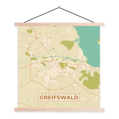 Produktbild von MuchoWow® Textilposter Stadtplan - Greifswald - Vintage - Stadtplan 120x120 cm mit holzfarbenen Rahmen - Textil-Poster