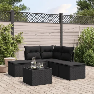 Produktbild von Design 6-tlg. Garten-Sofagarnitur mit Kissen Schwarz Poly Rattan, Gartenmöbel-Sets 2024 Neu