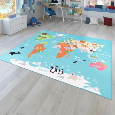 Produktbild von TT Home Kinder-Teppich, Spiel-Teppich Für Kinderzimmer, Weltkarte Mit Tieren, In Grün Größe 140x200 cm