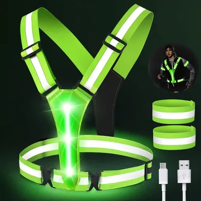 Productafbeelding van Led veiligheidsvest kinderen en volwassenen - Groen licht - Met 2 reflectorbanden