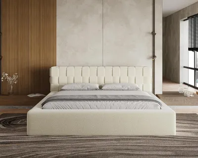 Produktbild von Chilly Möbel Design Bett Cube - Geometrisches Polsterbett mit Stauraum und Lattenrost 140x200 cm / Bouclé / Beige