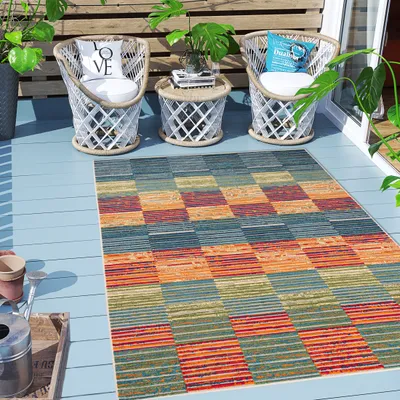 Produktbild von Carpeto Rugs Streifenmuster Outdoor Teppich Wetterfest für Balkon, Terasse - Balkon Teppich Wasserfest - Outdoorteppich Wetterfest - Aussenteppich Terrasse Groß - Mehrfarbig Bunt 1 - 160 x 230 cm