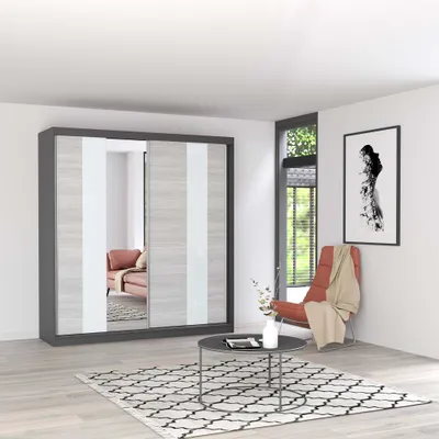 Produktbild von Schwebetürenschrank Kleiderschrank Schrank 203 cm Grau/Kathult mit Spiegel Lacobel Glaseinsatz und LED Multi 32