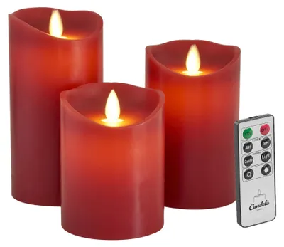 Produktbild von Candela Lights LED Kerzen 3er Set Stumpenkerze Rot Echtwachs mit Fernbedienung Timer Funktion & mehrstufig dimmbar bewegliche Flamme Echtwachskerzen