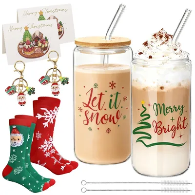 Produktbild von Set mit 2 Weihnachtsgläsern mit Deckel und Strohhalm