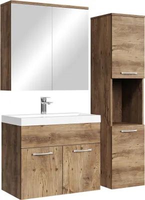 Produktbild von Badplaats Badmöbel Komplettset Montreal 60 x 35 cm Braun Eiche - Badezimmermöbel mit Waschbecken, Spiegelschrank und Badezimmerschrank