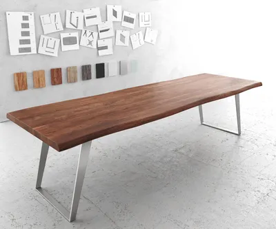 Produktbild von DELIFE Esstisch Edge 300x100cm XL Akazie Braun Edelstahl Silber schräg Live-Edge