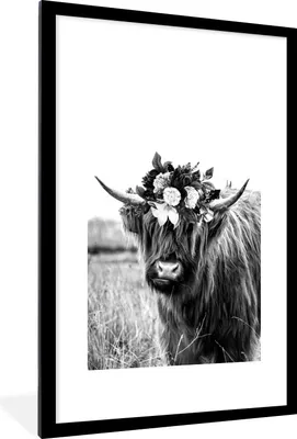 Produktbild von MuchoWow® Gerahmtes Poster Schottischer Highlander auf einer Wiese - schwarz und weiß 60x90 cm - Poster mit Schwarzem Bilderrahmen Wandposter Rahmen Foto Bilder - Dekoration - Wandposter Wohnzimmer - Hochwertig