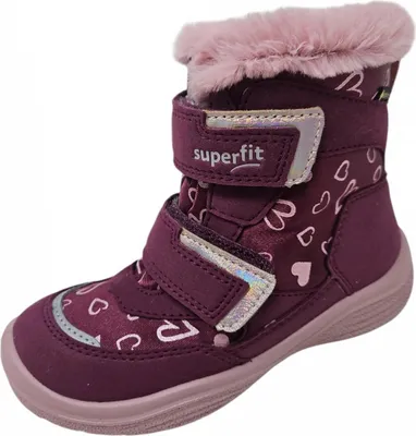 A single purple winter boot with pink fur trim and heart patterns is shown against a white background.