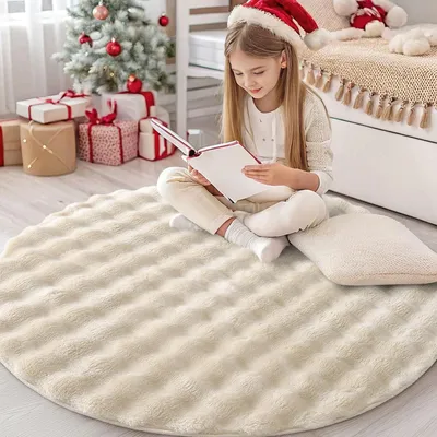 Obrázek produktu pro Kulatý koberec o průměru 120 cm s 3D reliéfním vzorem v béžové barvě, pratelný a měkký