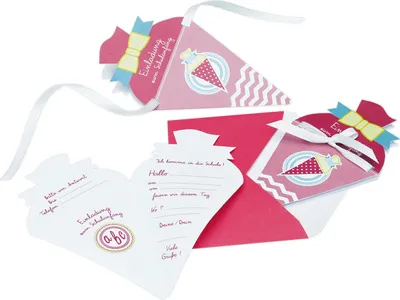 Produktbild von ROTH Schulanfangs-Serie "Hurra, 1. Klasse!" Einladungskarte "Schultüte" pink-grün, 10,5 x 20 cm, 4 Karten