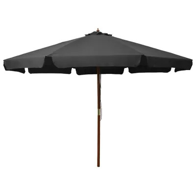 A black patio umbrella with a wooden pole is shown against a white background.