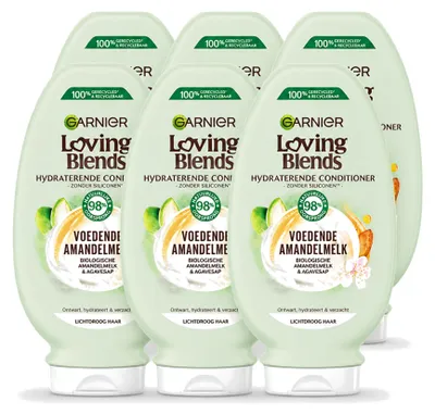 Imagen del producto de 6 unidades de acondicionador nutritivo de leche de almendras Garnier Loving Blends, 250 ml cada uno. Paquete económico