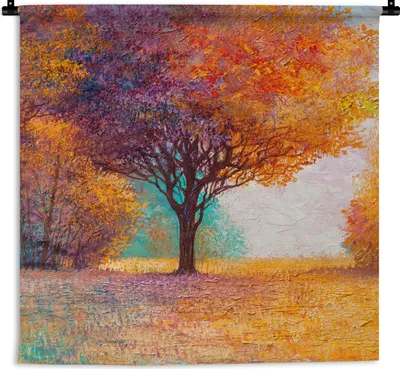 Produktbild von MuchoWow® Wandteppich Wandbehang Ölgemälde - Baum - Farben 60x60 cm Tapisserie Dekoration Wandtuch - Dekorationen - Wand Decke