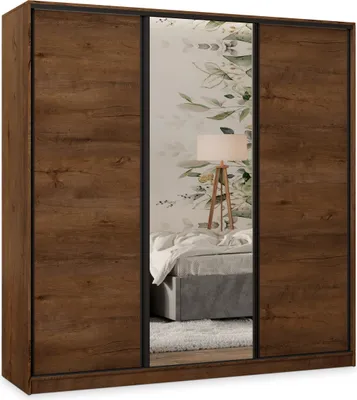Produktbild von Masseno Schiebetürenschrank TARI 200/205/58 cm Kleiderschrank mit 4 Schubladen Schlafzimmer Schrank 3-türig mit Spiegel Eiche Lefkas