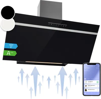 Produktbild von Klarstein Dunstabzugshaube 90 cm Umluft/Abluft, Dunstabzugshaube Schwarz mit Spühlmaschinenfestem Filter, Dunstabzug Schräg mit 514m³/h Luftstrom, Abzugshaube 90 cm Breit, Wandhauben mit Wi-Fi & LEDs