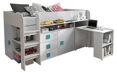 Produktbild von Hochbett Toledo Kinderbett 90x200cm Schreibtisch Weiß Hochglanz Griffe Türkis