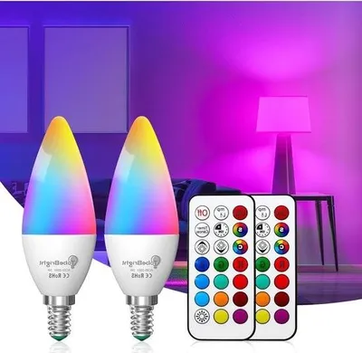 Obrázok produktu pre Stmievateľné žiarovky E14 RGB LED Stmievateľné s výmenou farieb – sviečka C35 – farebné svetlo – diaľkové ovládanie, pamäťová funkcia a stopky – domáca párty – 2 kusy
