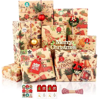 Produktbild von Geschenkpapier Set 8 Blatt Kraftpapier 6 Designs mit Aufklebern & Geschenkanhängern 70x50cm