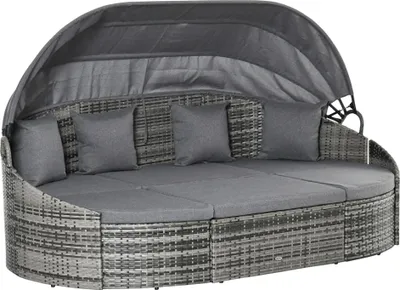 Produktbild von Rattan Sonneninsel 4-teilige Liegeinsel mit Sonnendach Sitzgruppe 4 Kissen Metall Grau 230 x 145 x 80 cm
