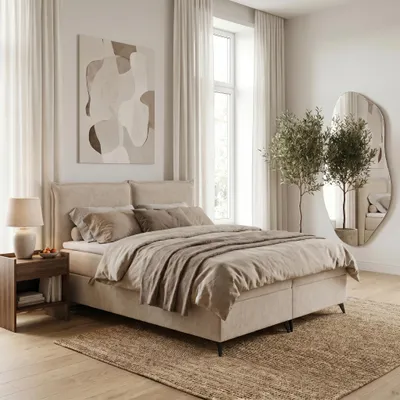 Produktbild von ELVORA DESIGNE Boxspringbett 180x200 cm ALMA mit Bonellmatratze H3 & Topper, Bettkasten, Beige, KI-generiertes Bild