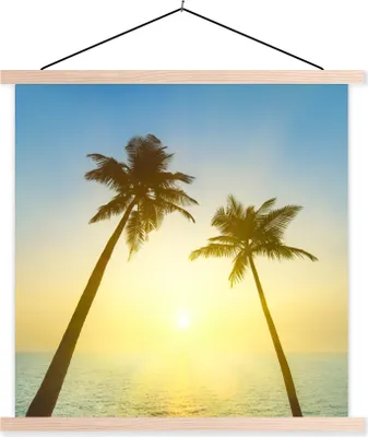 Produktbild von MuchoWow® Textilposter Strand - Sonnenuntergang - Palmen 120x120 cm mit holzfarbenen Rahmen - Textil-Poster