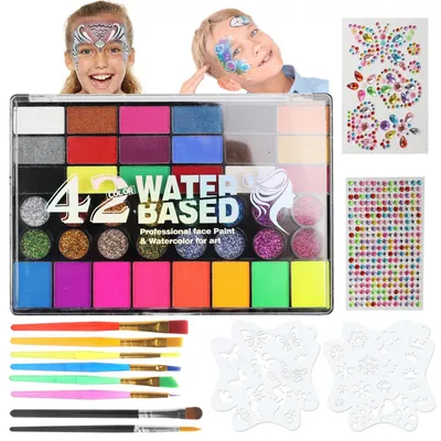 Produktbild von Gesichtsfarbe Kinder Schminkset - 42 Farben - 8 Pinsel - Waschbar