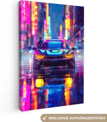 Produktbild von MuchoWow® - Leinwandbilder - Auto - Polizei - Stadt - Jungen - Farbenfroh, Wandbild, Wanddeko Bilder Wohnzimmer, 80x120 cm