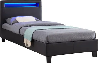 Produktbild von Polsterbett MANDALAY mit LED Beleuchtung Einzelbett Lederbett 90 x 200 cm mit Lattenrahmen, Kunstleder in schwarz