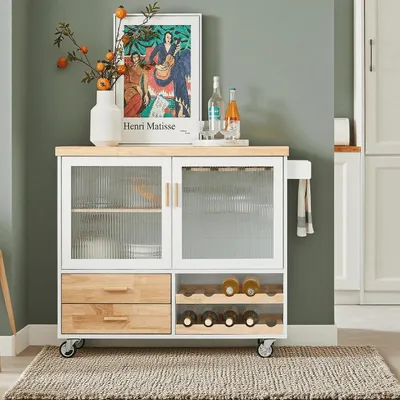 Image de Chariot de cuisine – Îlot de cuisine – Meuble de rangement mobile – Avec plan de travail en bois – Vert