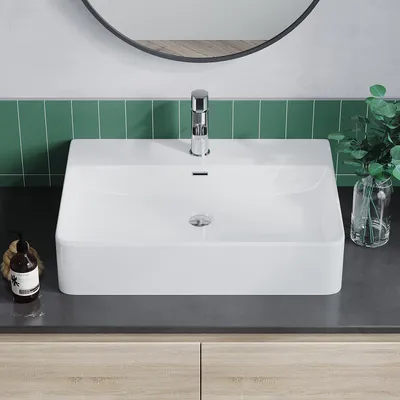 Produktbild von Waschbecken Aufsatzwaschbecken rechteckig aus Keramik Weiß mit Überlauf mit Hahnloch 60x42x13 cm