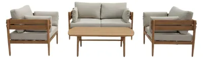 Image de Salon de jardin SELVANO 4 places en aluminium effet bois avec coussins beige et table basse
