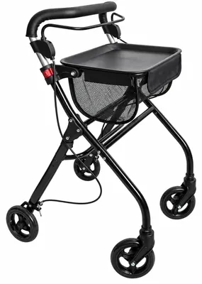 Produktbild von elrofu Indoor Rollator A11 – faltbarer Wohnungsrollator mit Tablett, Netzkorb und Tasche, Handbremse mit Feststellfunktion, Höhe 88–92,5 cm, 5,4 kg leicht, belastbar bis 100 kg, Schwarz