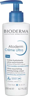 A white bottle of Bioderma Atoderm Creme Ultra with a blue pump dispenser.