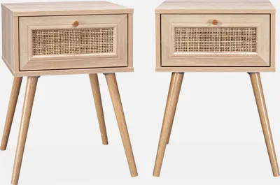 Immagine prodotto di Set 2 comodini effetto legno e cannage, Marrone naturale