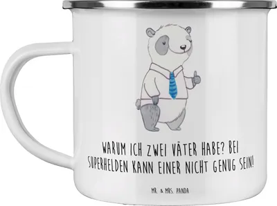 Produktbild von Mr. & Mrs. Panda Emaille Becher Superhelden Stiefvater - Weiß - Geschenk, Unterstützung, Handarbeit, Kaffeepott, Verwandte, Geburtstage, Lächeln, Stiefkinder, Tasse, Pott