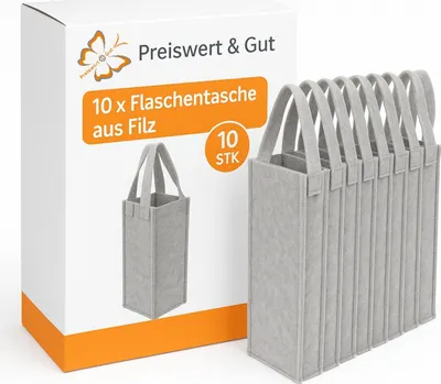 Produktbild von 10x Filztasche für Weinflaschen 29,5x10,5x10,5cm – Weintasche Grau 2 Henkeln Geschenktüten für Weingeschenk beim Rotwein