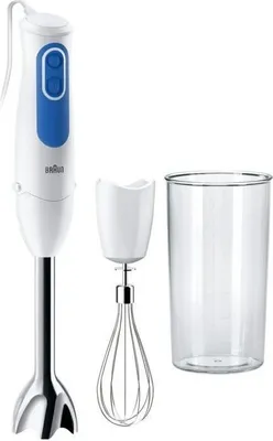 A white and blue hand blender with accessories on a white background.
